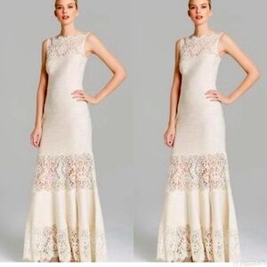 Tadashi Shoji Cream Illusion Embroidered Lace Jersey Gown